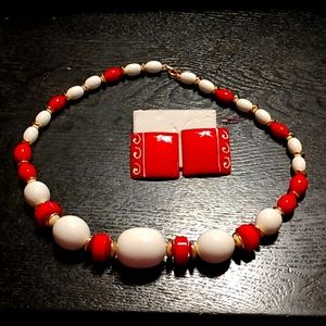 Red and white choker/necklace with matching enamel metal square post earrings